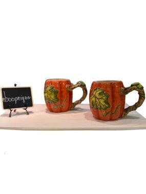 Harvest Pumpkin Mugs Set of 2 with Leaf Accent